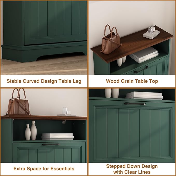 Shoe Storage Cabinet with 2 Flip Drawers, 24" W Farmhouse Modern Hidden Shoes Rack Cabinet with Adjustable Shelves & Open Storage, Narrow Slim Shoe Organizer for Front Door Entrance, Entryway, Green