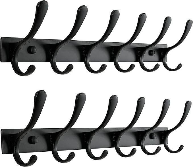 SKOLOO Heavy Duty Wall Mounted Coat Rack - 6 Hooks, Stainless Steel, Pack of 2, Sturdy Coat Hooks for Hanging Clothes, Jacket, Hat, Black