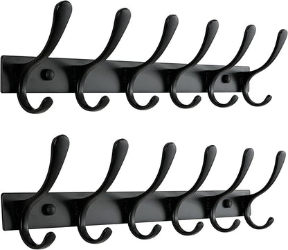 SKOLOO Heavy Duty Wall Mounted Coat Rack - 6 Hooks, Stainless Steel, Pack of 2, Sturdy Coat Hooks for Hanging Clothes, Jacket, Hat, Black