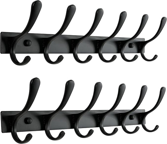 SKOLOO Heavy Duty Wall Mounted Coat Rack - 6 Hooks, Stainless Steel, Pack of 2, Sturdy Coat Hooks for Hanging Clothes, Jacket, Hat, Black