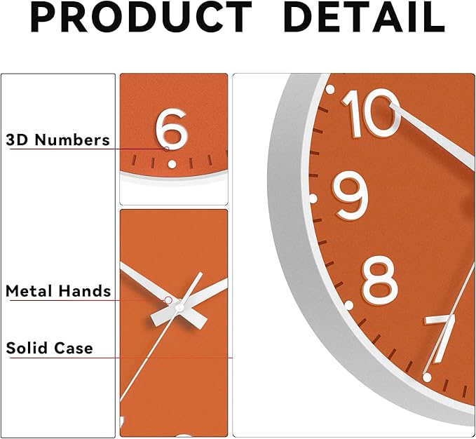 Roymnie Wall Clock, Silent Wall Clocks Battery Operated 8 Inch-Modern Non Ticking Analog Clock Decorative for Kitchen Office Bathroom Bedroom(Orange)