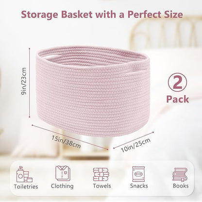 Cotton Rope Storage Basket, 15x10x9 Inches, Woven Basket for Shelves, Clothes, Towels, Books, and Laundry, Light Pink (2 Pack)