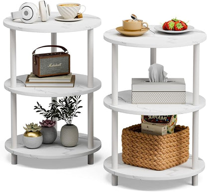 XBurmo Small Round End Table - 3 Tier Design Accent Table, Narrow Side or Bedside Stand, Industrial Vintage Nightstand for Bedroom, Living Room, or Small Spaces, Set of 2, Marble White