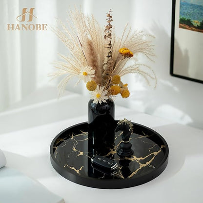 Hanobe Decorative Tray for Home Decor: Black Imitation Marble Round Serving Tray 11.8" Modern Coffee Table Centerpiece for Display Bar Table Living Room Entryway Kitchen Corner