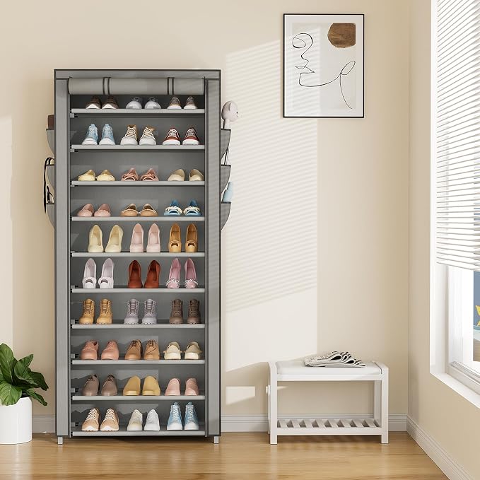 VTRIN Vertical Narrow Shoe Rack Organizer Tall Shoe Rack for Closet Entryway 10 Tier Non-Woven Cover Shoe Shelf Holds 36-41 Pairs Free Standing Shoe Storage Cabinet with Dustproof Cover, Grey
