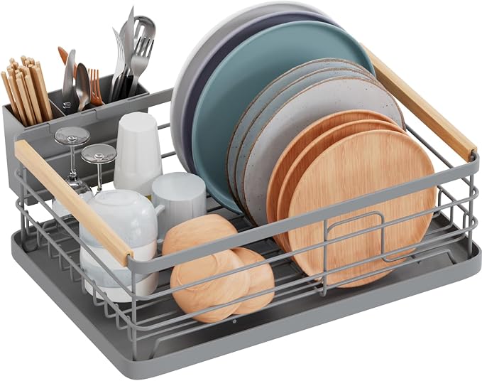 BRIAN & DANY Dish Drying Rack, Dish Racks for Kitchen Counter, Stainless Steel Dish Drainer with Removable Cutlery Holder & Drainboard, Grey