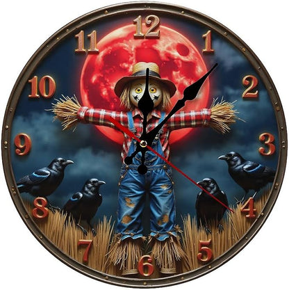 Wall Clock, Spooky Scarecrow Non Ticking Wall Clocks Battery Operated, Brown Wooden Wall Clocks for Living Room, Kitchen, Study Room Decorative 10 Inch