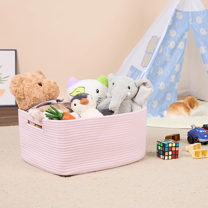 MiniArk Large Storage Baskets for Shelves, Closet Organizers Bins for Clothes Blanket Towels, Baby Nursery, Toy Baskets Box, Woven Rope Baskets, 17 x 13 x 7.5”, 3 Packs Light Pink
