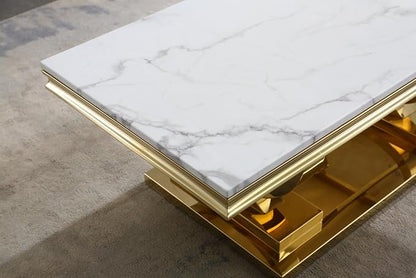 3 Piece Living Room Table Set Include 1 Faux Marble Coffee Table & 2 End Tables, Modern White Gold Coffee Table Set of 3 with Double O Shape Stainless Steel Pedestal Base