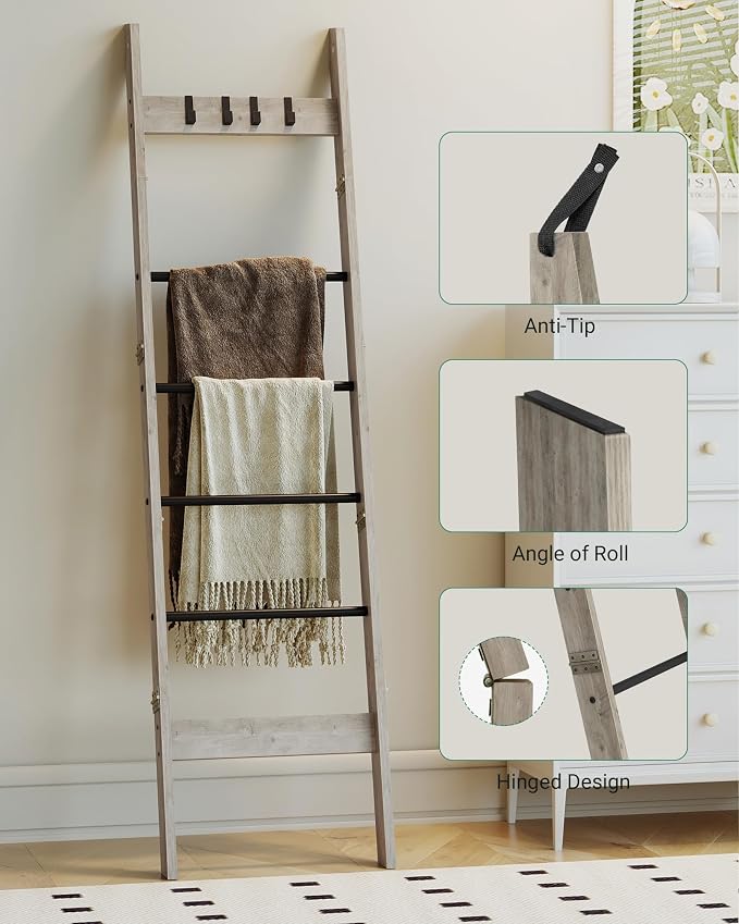 Hzuaneri Blanket Ladder for Living Room, Decorative Quilt Rack with 4 Removable Hooks, 6-Tier Farmhouse Ladder Holder Shelf Organizer for Bedroom, Greige and Black BR31505B