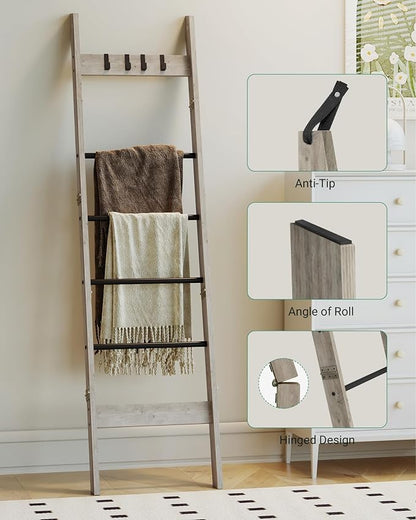 Hzuaneri Blanket Ladder for Living Room, Decorative Quilt Rack with 4 Removable Hooks, 6-Tier Farmhouse Ladder Holder Shelf Organizer for Bedroom, Greige and Black BR31505B