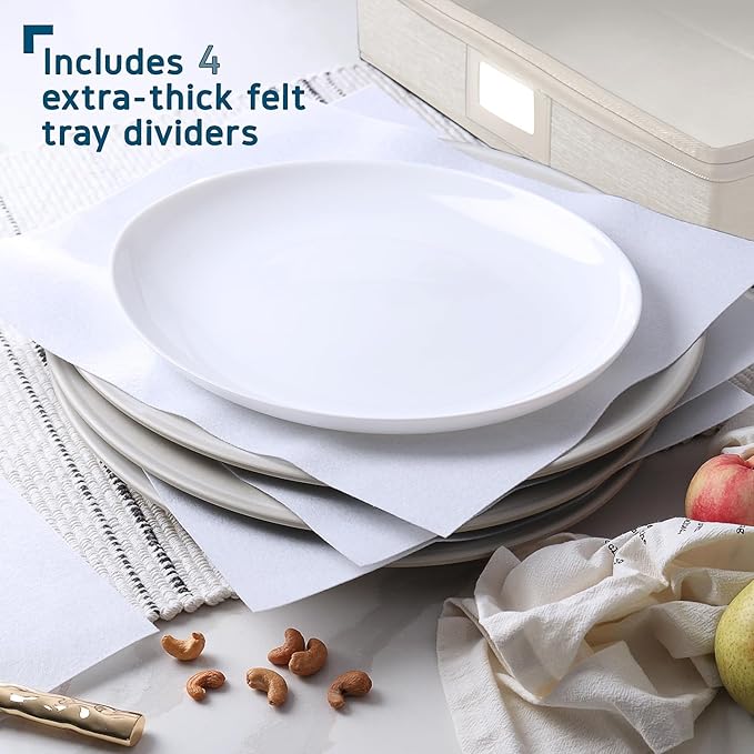 Platter Storage Case – Fine China Storage Containers Hard Shell, Quilted and Stackable 16”x 12.5”x 3.5” Platter Storage Container with Handles and Felt Dividers for Moving and Seasonal Storage, Cream