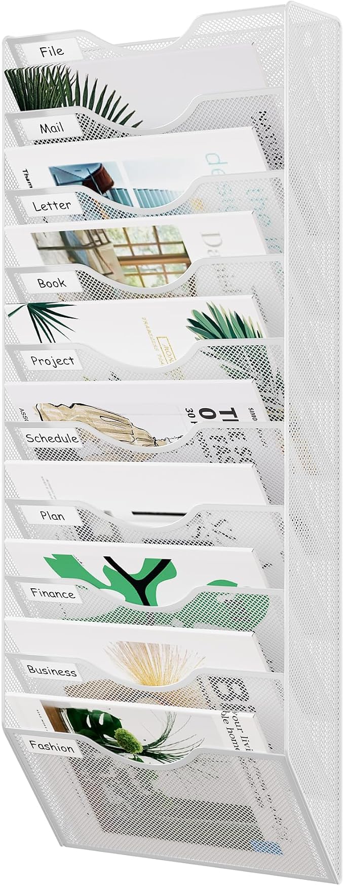 EasyPAG 10 Pocket Mesh Wall File Organizer, Hanging Paper Folder Holder with Classify Label, Vertical Wall Mount Mail Organizer for Office Home Classroom, White