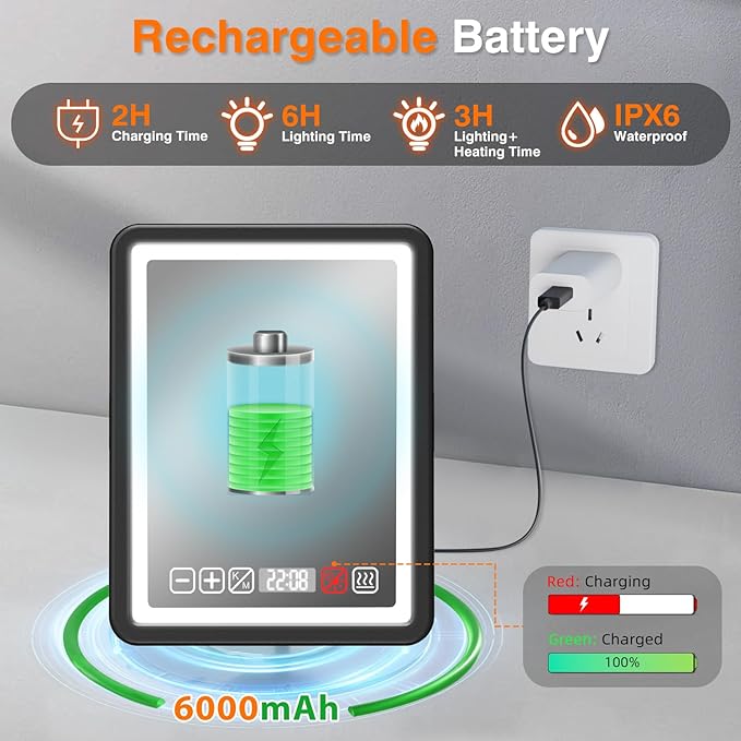 Shower Mirror Fogless for Shaving, LED Heated Rechargeable Fogless Mirror for Shower with Digital Clock & Storage Tray, 3 Color Lighting, Dimmable Touch Screen, Anti-Fog Shaving Mirror for Shower