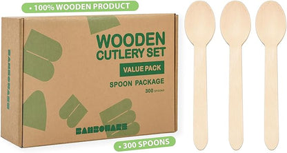 Bamboware - Wooden Spoons 300 Pieces | Natural Birch Wood Disposable Spoons | Biodegradable, Smooth & Durable for Parties, Coffee Shops, and Everyday Meals