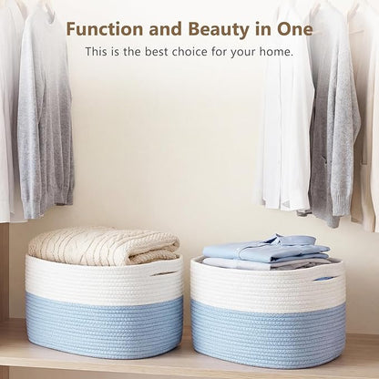 Cotton Rope Storage Basket, 15x10x9 Inches, Woven Basket for Shelves, Clothes, Towels, Books, and Laundry, White Blue (2 Pack)