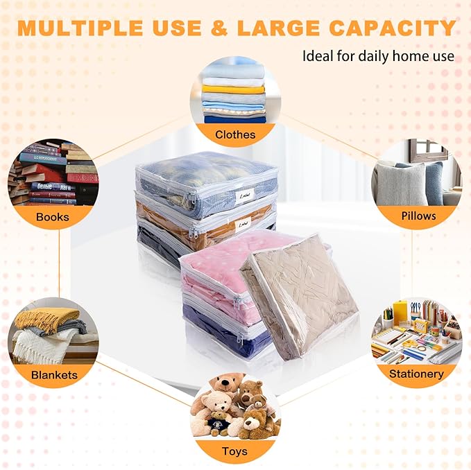 Clear Zippered Storage Bags Plastic Sweater Storage Bags with Zipper 6 Packs Clothing Organizer for Blankets Linen Sweater Bed Sheet Quilt Clothes Pillow (12 x 12 x 4 Inch, White)