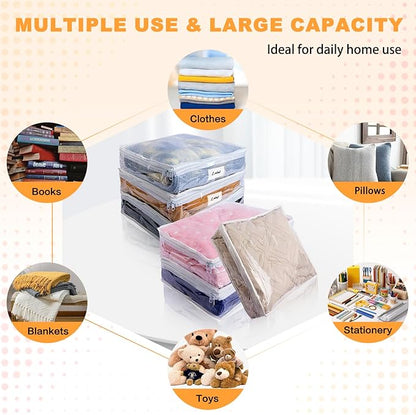 Clear Zippered Storage Bags Plastic Sweater Storage Bags with Zipper 6 Packs Clothing Organizer for Blankets Linen Sweater Bed Sheet Quilt Clothes Pillow (12 x 12 x 4 Inch, White)