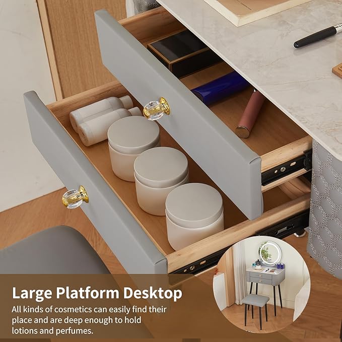 Makeup Vanity with Round Mirror,Light,Two Drawers,Cushioned Stool Set.Small Dressing Table for bedrooms and Dressing Rooms.Grey