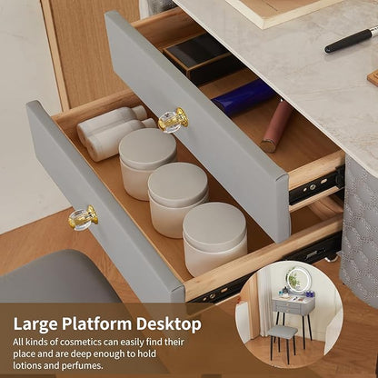 Makeup Vanity with Round Mirror,Light,Two Drawers,Cushioned Stool Set.Small Dressing Table for bedrooms and Dressing Rooms.Grey