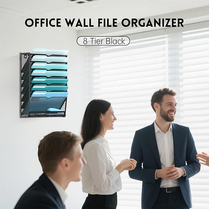 8-Tier Hanging Wall File Organizer with 5 Hooks, Mesh Wall File Holder Vertical Mount Mail Organizer for Papers, Folders, Magazines, Bills, Office and School, Black