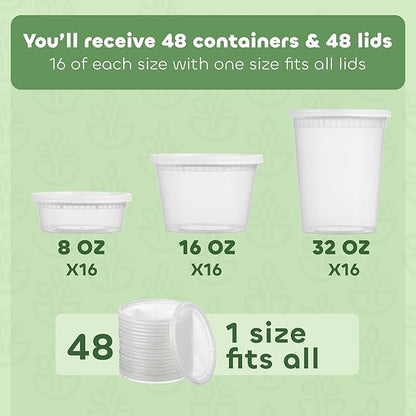 JoyServe 48 Sets Deli Containers with Lids – 8oz, 16oz & 32oz – Leak Proof, Microwaveable, Dishwasher & Freezer Safe – Plastic Food Storage & Soup Containers