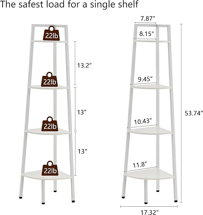 Hoctieon Corner Shelf, 4-Tier Corner Bookshelf, Rustic Corner Ladder Shelf, Industrial Display Shelf for Living Room, Kitchen, Home Office, Balcony, Small Space, Metal Frame, White