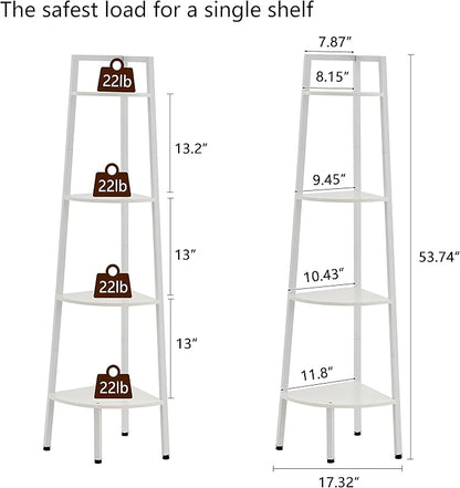 Hoctieon Corner Shelf, 4-Tier Corner Bookshelf, Rustic Corner Ladder Shelf, Industrial Display Shelf for Living Room, Kitchen, Home Office, Balcony, Small Space, Metal Frame, White