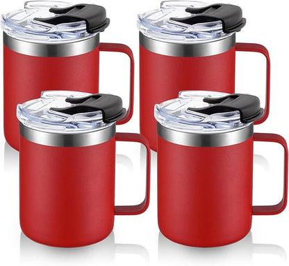 12oz Stainless Steel Insulated Coffee Mug with Handle, Double Wall Vacuum Tumbler Cup with Fliping Lid, Red, 4 Pack