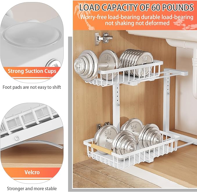 2 Pack 2 Tiers Pull Out Under Sink Organizers, Metal Kitchen Storage Shelf, Pull Out Under Sink Storage Rack, Multi-purpose Under Sink Shelf Organizer for Under Sink Cabinet Bathroom Kitchen (White)