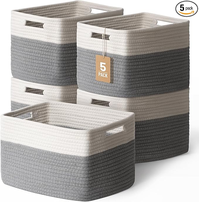 5 Pack Woven Storage Baskets for Shelves, Decorative Basket Closet Organizer Storage Bins for Clothes, Books, Pantry, Bathroom – Cotton Rope Shelf Baskets for Organizing and Decor, Gray & White