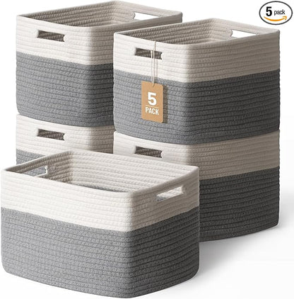 5 Pack Woven Storage Baskets for Shelves, Decorative Basket Closet Organizer Storage Bins for Clothes, Books, Pantry, Bathroom – Cotton Rope Shelf Baskets for Organizing and Decor, Gray & White