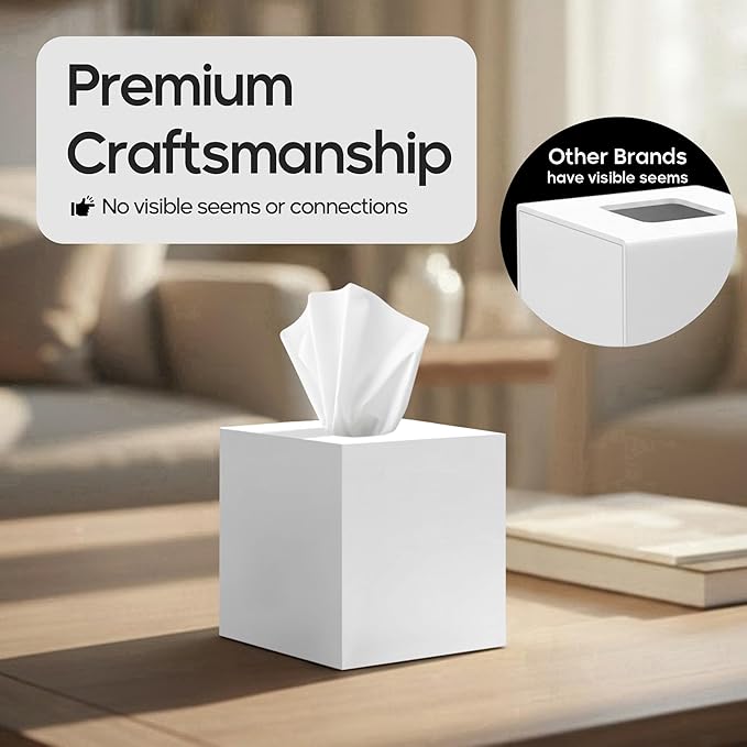 My Space Organizer - Premium Acrylic Tissue Cover | Fits Standard Square Tissue Box | White Cube Holder for Bathroom | 5.3" x 5.3" x 5.5"