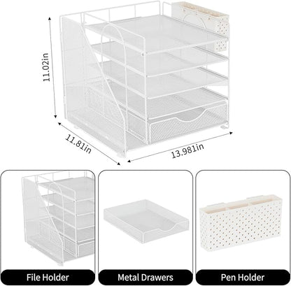 Desk Organizer with Drawer and Pen Holder, 5-Tier Paper Letter Tray Organizer with File Holder, Suitable for Workspace Organizer Office Supplies Storage (White)