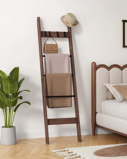 Hzuaneri Blanket Ladder for Living Room, Decorative Quilt Rack with 4 Removable Hooks, 5-Tier Farmhouse Ladder Holder Shelf Organizer for Bedroom, Black Tea Brown and Black BR02120B