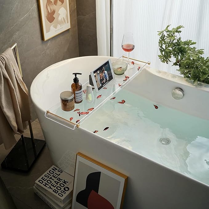 Bathtub Tray Clear Caddy Rack: Acrylic Tub Tray Shelf with Gold Rails to Hold Book Phone Candle Wine - Waterproof Bathtub Accessories, Luxury Gifts for Women