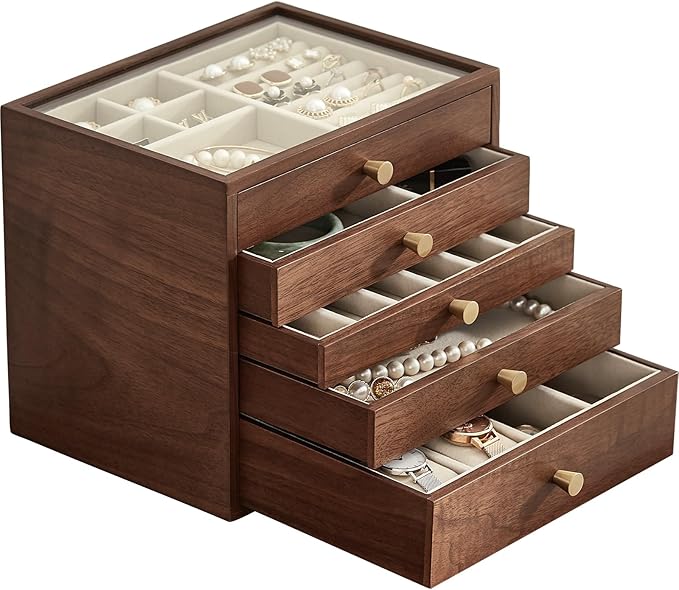 Black Walnut Wooden Jewelry Box Women large 5 Layer Drawer Wood Organizer Box with Glass Lid for Necklaces, Watch, Necklace, Ring, Earring Storage - Christmas Gifts
