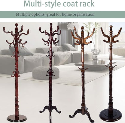 Coat Rack Freestanding,Solid Wooden Coat Rack Stand with 3 Height Options,14 Hooks, Natural Birch Coat Tree Easy to assemble for Clothes Jacket Hat bag Entryway (mahogany) (retro round)