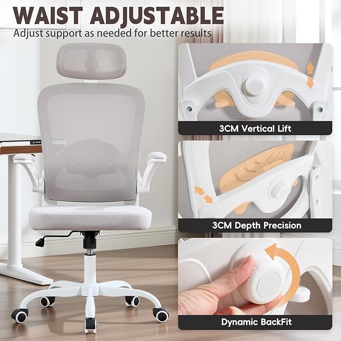 Ergonomic Office Chair with 3D Adjustable Lumbar Support, Mesh High Back, 75° Rotating Headrest, Rocking Function, 300lbs Capacity, Black/White (White)