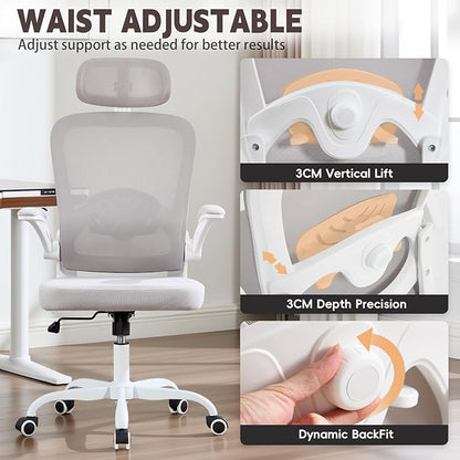 Ergonomic Office Chair with 3D Adjustable Lumbar Support, Mesh High Back, 75° Rotating Headrest, Rocking Function, 300lbs Capacity, Black/White (White)