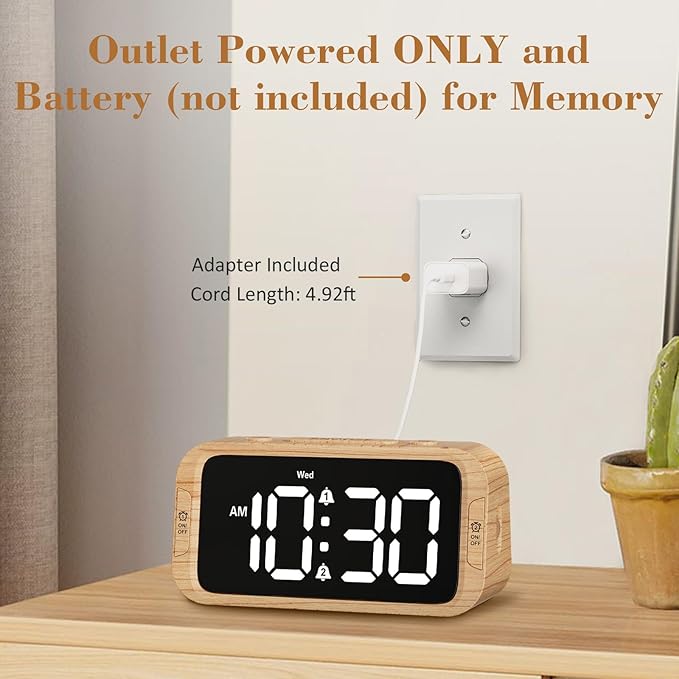 Digital Dual Alarm Clock for Bedroom, 0-100% Dimmer, Weekday/Weekend Mode, Easy to Set, USB Charger, Adjustable Alarm Volume with 5 Alarm Sounds, Snooze, 12/24Hr, Battery Backup (Wood Grain)