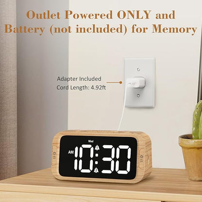 Digital Dual Alarm Clock for Bedroom, 0-100% Dimmer, Weekday/Weekend Mode, Easy to Set, USB Charger, Adjustable Alarm Volume with 5 Alarm Sounds, Snooze, 12/24Hr, Battery Backup (Wood Grain)