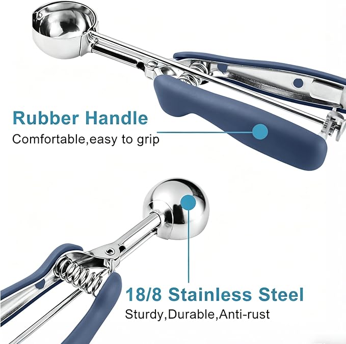 HOMURE H Cookie Scoop Set, Include 1 Tbsp/2 Tbsp/3 Tbsp, Cookie Dough Scoop, Cookie Scoops for Baking Set of 3, Mellon Baller Scoop, Dusty Blue, Non-Slip, For Cookies Cupcake Muffin Ice Cream Meatball