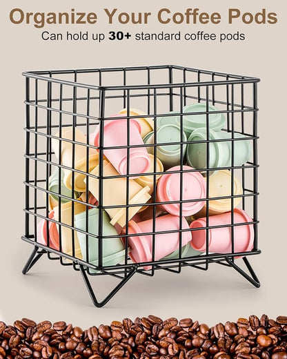 FantasyLife K Cup Holder Organizer, 5.3" x 5.3" x 6.3" Coffee Pod Storage Basket, Coffee Bar Accessories Metal Basket, Large Capacity Countertop Organizer for Kitchen Counter & Office Desktop (Black)