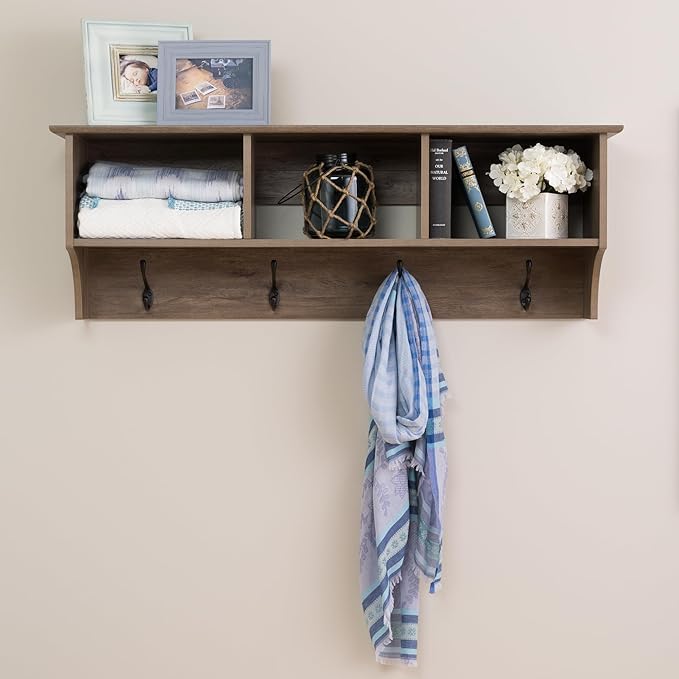 Prepac Drifted Gray 48" Contemporary Wall Mounted Coat Rack, Coat Hooks Wall Mount with 3 Shelves, Ideal for Hallway or Entryway Hanging Solution, 11.5"D x 48"W x 14.25"H