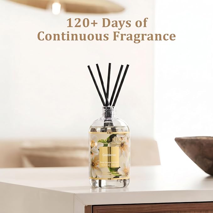 Cocorrína Reed Diffuser Refill Gardenia 10.14oz (300ml) with 8 Sticks - Premium Long-Lasting Floral Essential Oil, Home Fragrance for Bedroom, Bathroom Home Decor