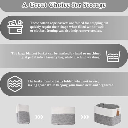 Goodpick Woven Storage Basket, Cotton Rope Baskets with Handles, Toy Baskets Storage Kids, Blanket Basket for Living Room, Bedroom, Gray and White, 18 x 14 x 12 Inches