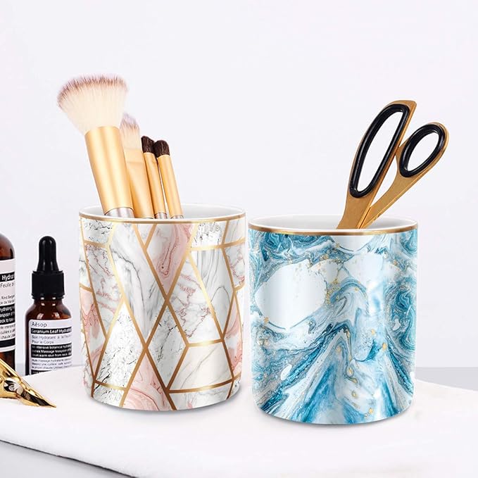 WAVEYU Pen Pencil Holder for Desk, Marble Desk Decor Organizer, Durable Ceramic Pencil Cup Holder Marble Design Makeup Cups for Brushes for Office, Classroom, Blue
