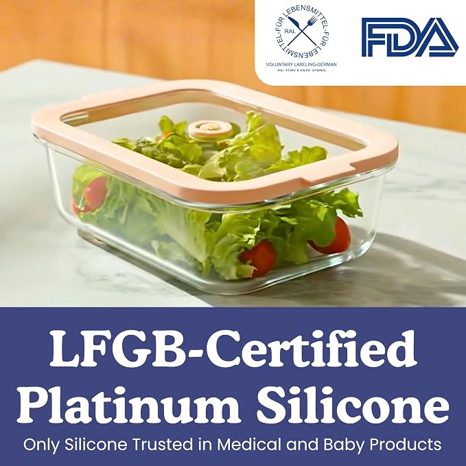 Ziruma Non-Toxic Glass Food Containers with Lids, 4-Pack, 35 oz, Beige | Plastic & BPA free. Glass body, glass lid & platinum silicone seal. Airtight & leakproof. Freezer & microwave safe.