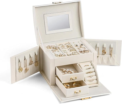 CASEGRACE Jewelry Box Organizer for Women Girls, Three Layer Jewelry Storage Box with Mirror PU Leather Jewelry Display Case for for Bracelets, Earrings, Rings, Necklaces,White